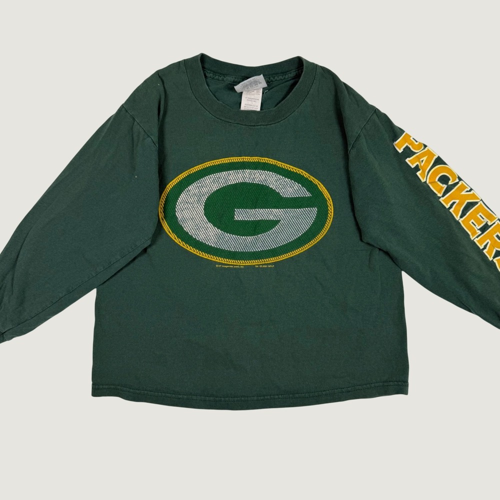 Vintage 2001 Green Bay Packers Kids Long Sleeve Shirt Size 8 Green Cotton NFL
